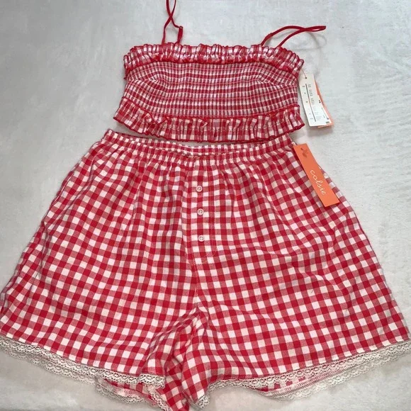 Colsie red white gingham pajamas set smocked spaghetti strap top shorts‎ size XS - Picture 4 of 11